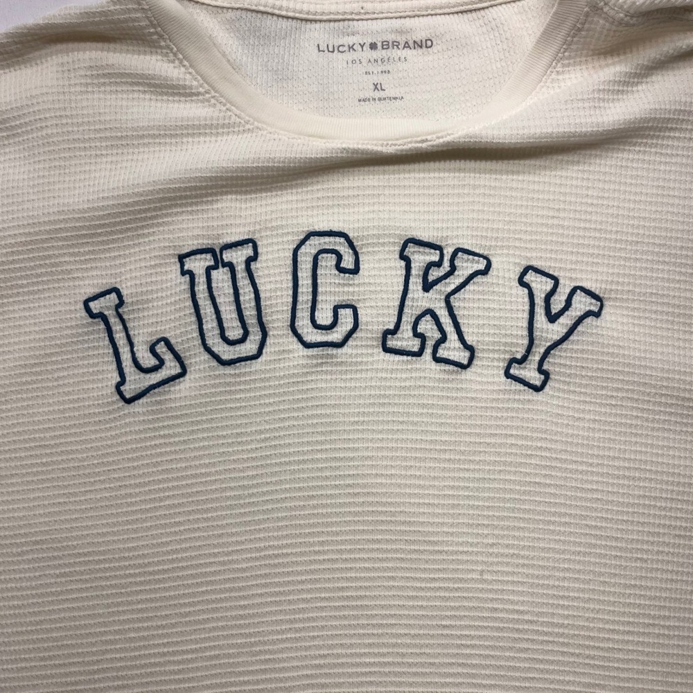 Lucky Brand Mens Cream Waffle Knit Thermal Long Sleeve Varsity Graphic Shirt XL
